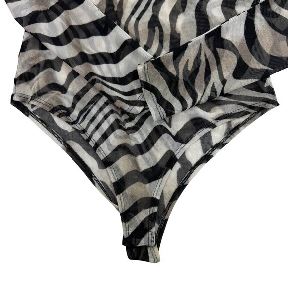 DayG Zebra Print Mesh Long Sleeve Deep V-neck Bodysuit Y2K Avangard Goth Sz M/L? - Picture 4 of 7